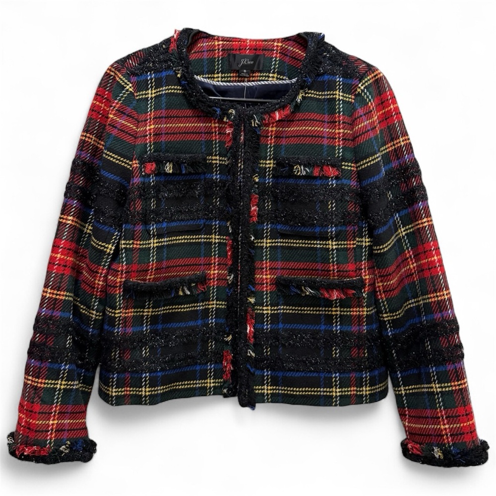 J. Crew Women’s Tartan Tweed Jacket – Classic Frayed Edge Plaid Blazer